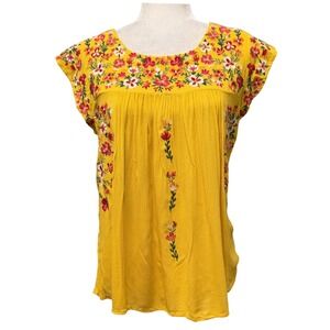 Womens M Embroidered Top Yellow Boho Floral Peasant Prairie Cottagecore Feminine